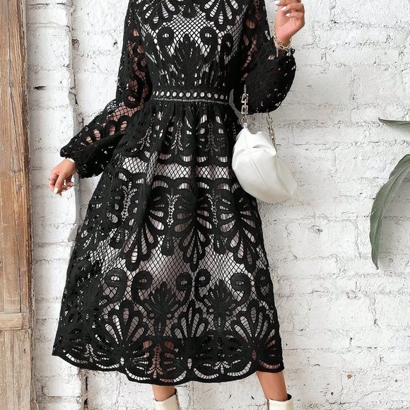 Black Preppy Womens Floral Embroidery Lantern Sleeve Dress - Picture 3 of 5